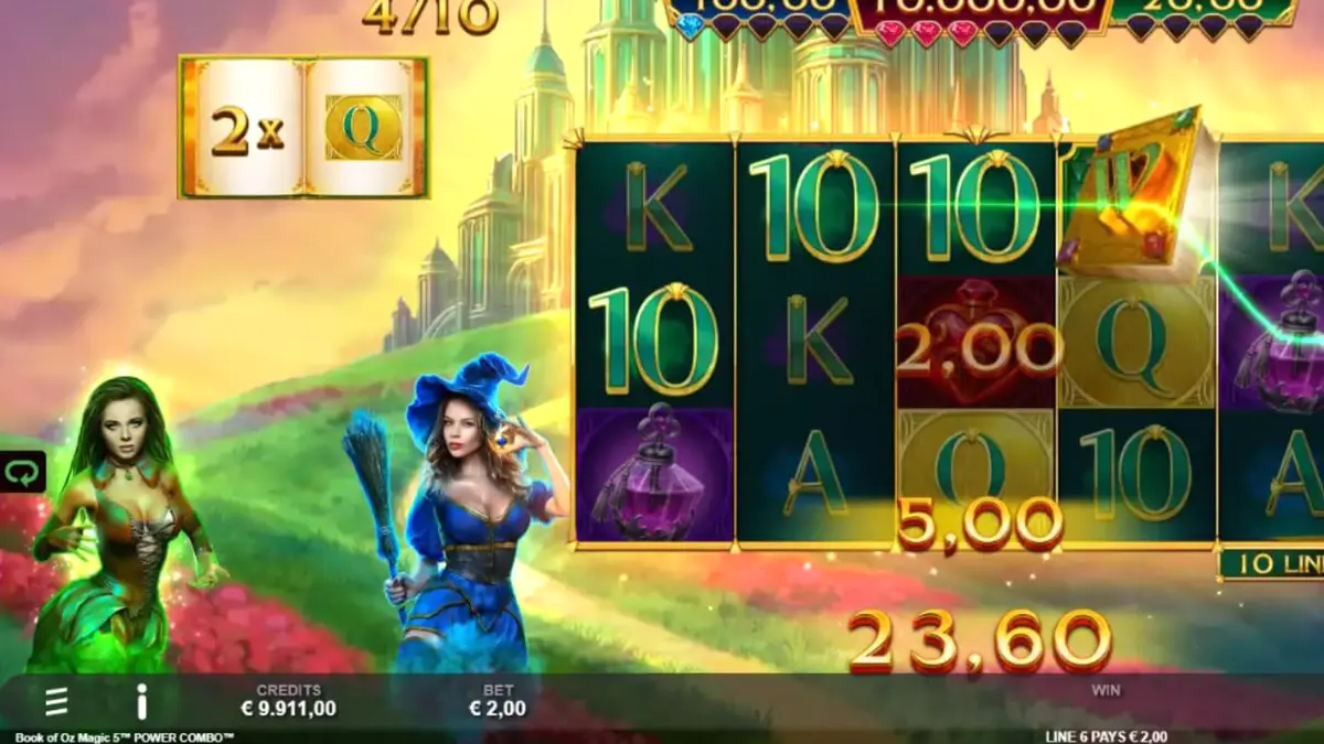 Interface mágica do slot Book of Oz Magic 5 Power Combo com elementos de fantasia