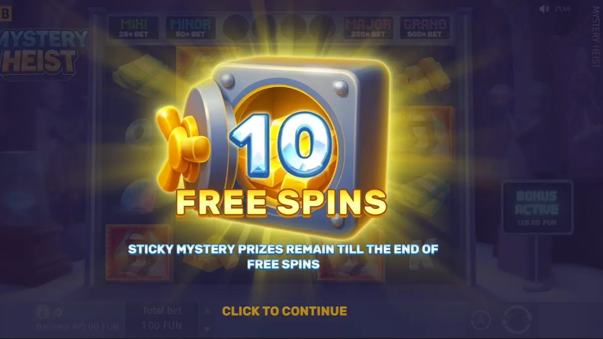 Interface do slot Mystery Heist com tema de assalto cinematográfico