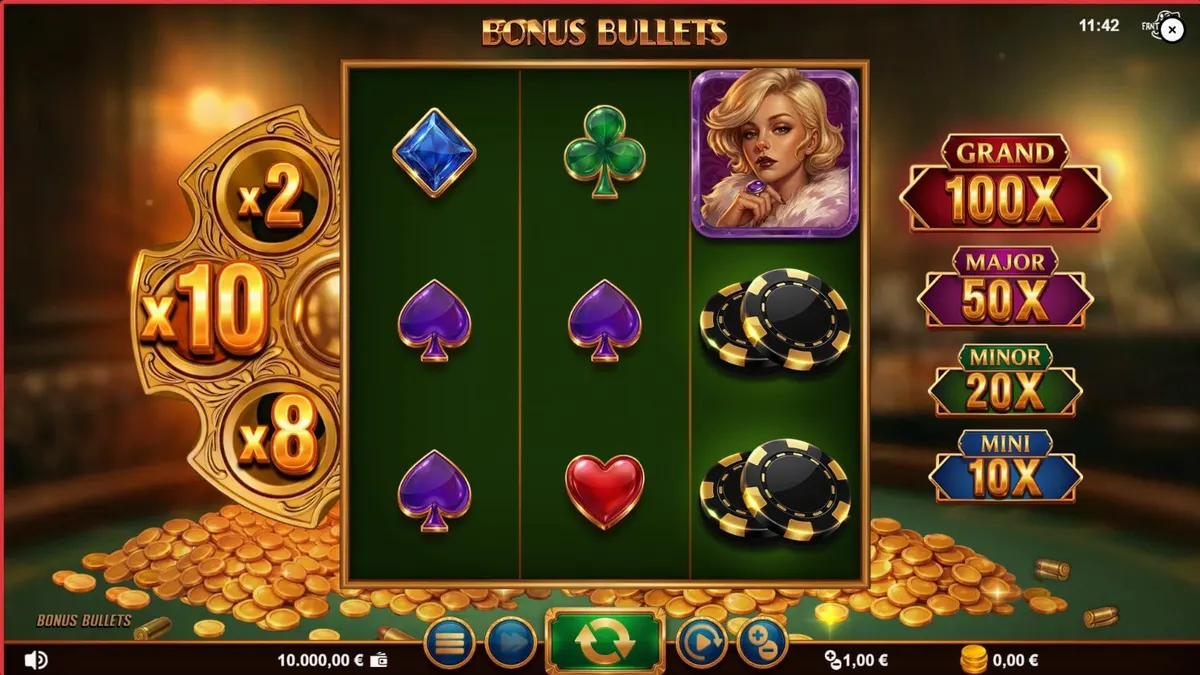 Interface do slot Bonus Bullets com revólver dourado e símbolos de luxo
